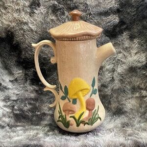 Vintage Hand-Painted Mushroom Ceramic Tea/Coffee Pot in Cream and Yellow